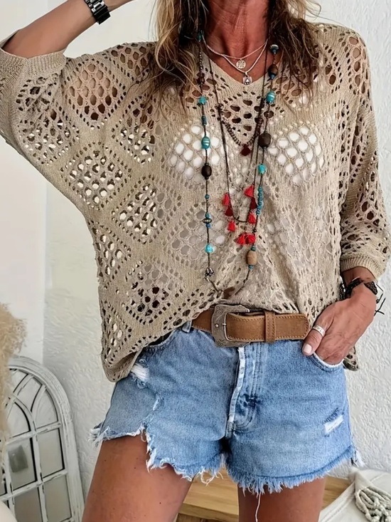 Tops - Open-Knit Beige Womens V-Neck Sweater Top Bohemian Style Size Large NEW in Pkg